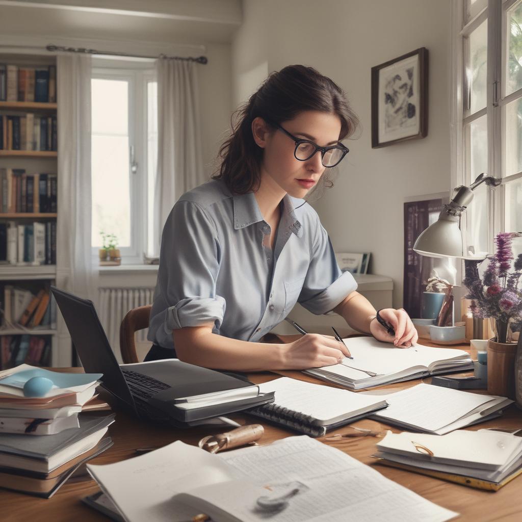 Author working at desk with notebook