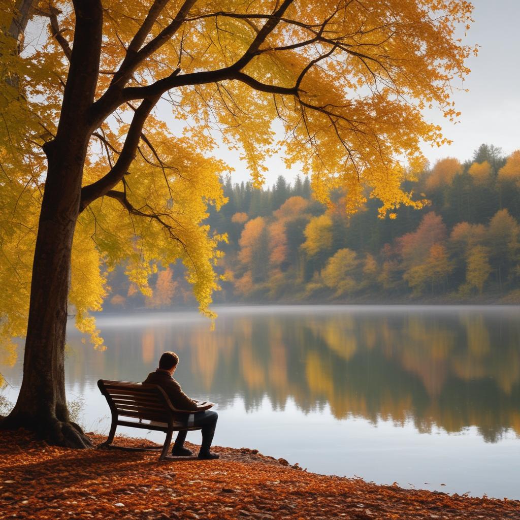 Person peacefully reading by a serene lake surrounded by autumn trees