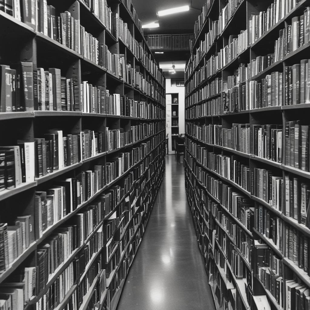 Rows of books on library shelves