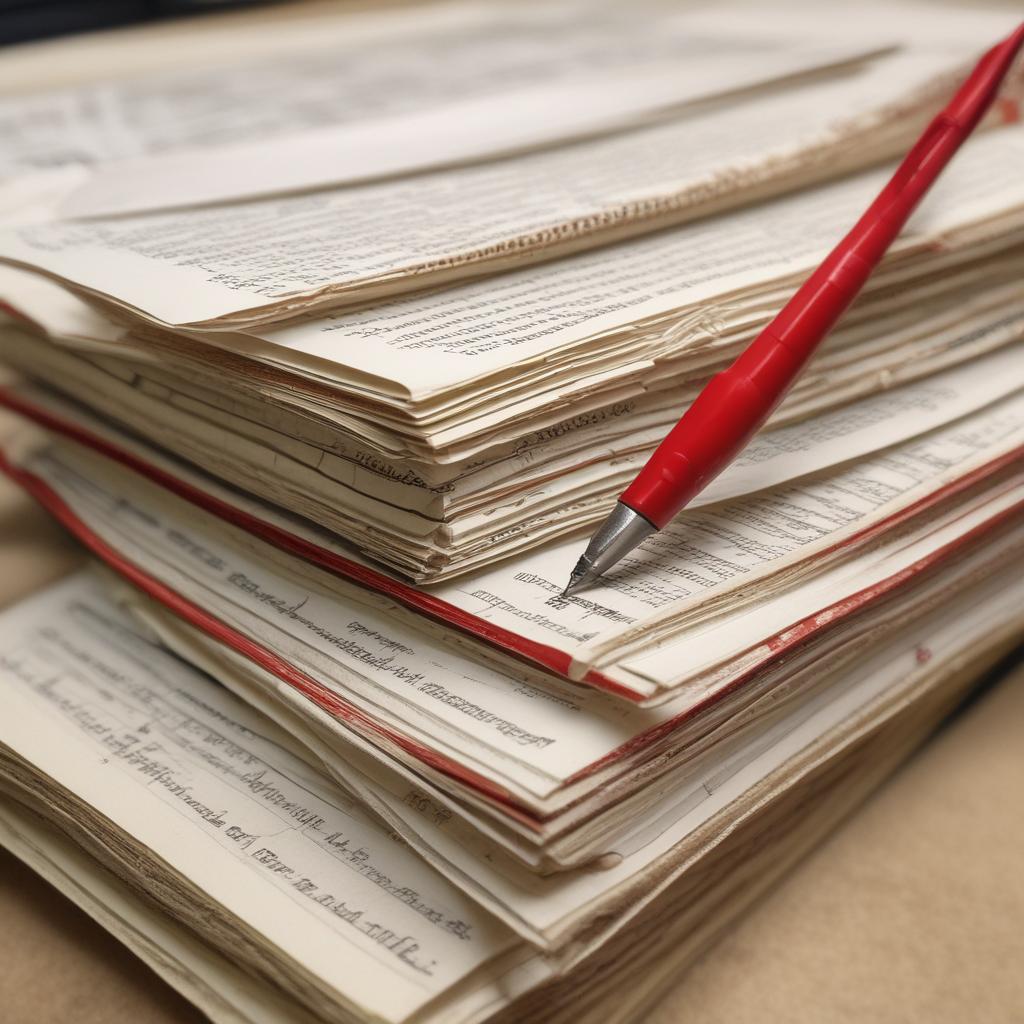 Stack of manuscripts being reviewed with red pen